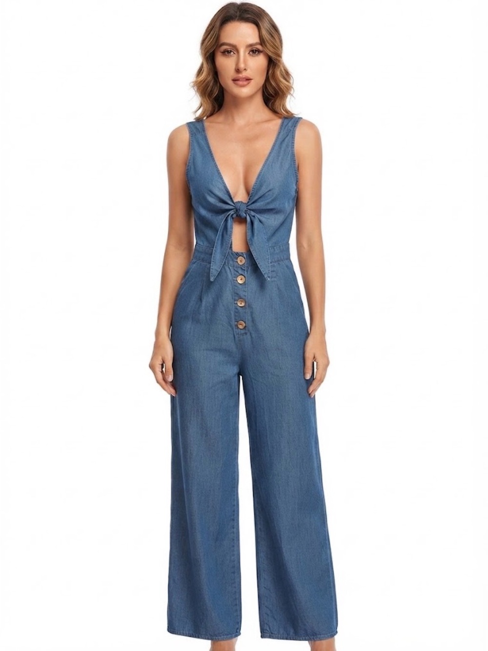 Haute Monde Denim-Blue Tie-Front Wide Leg Jumpsuit